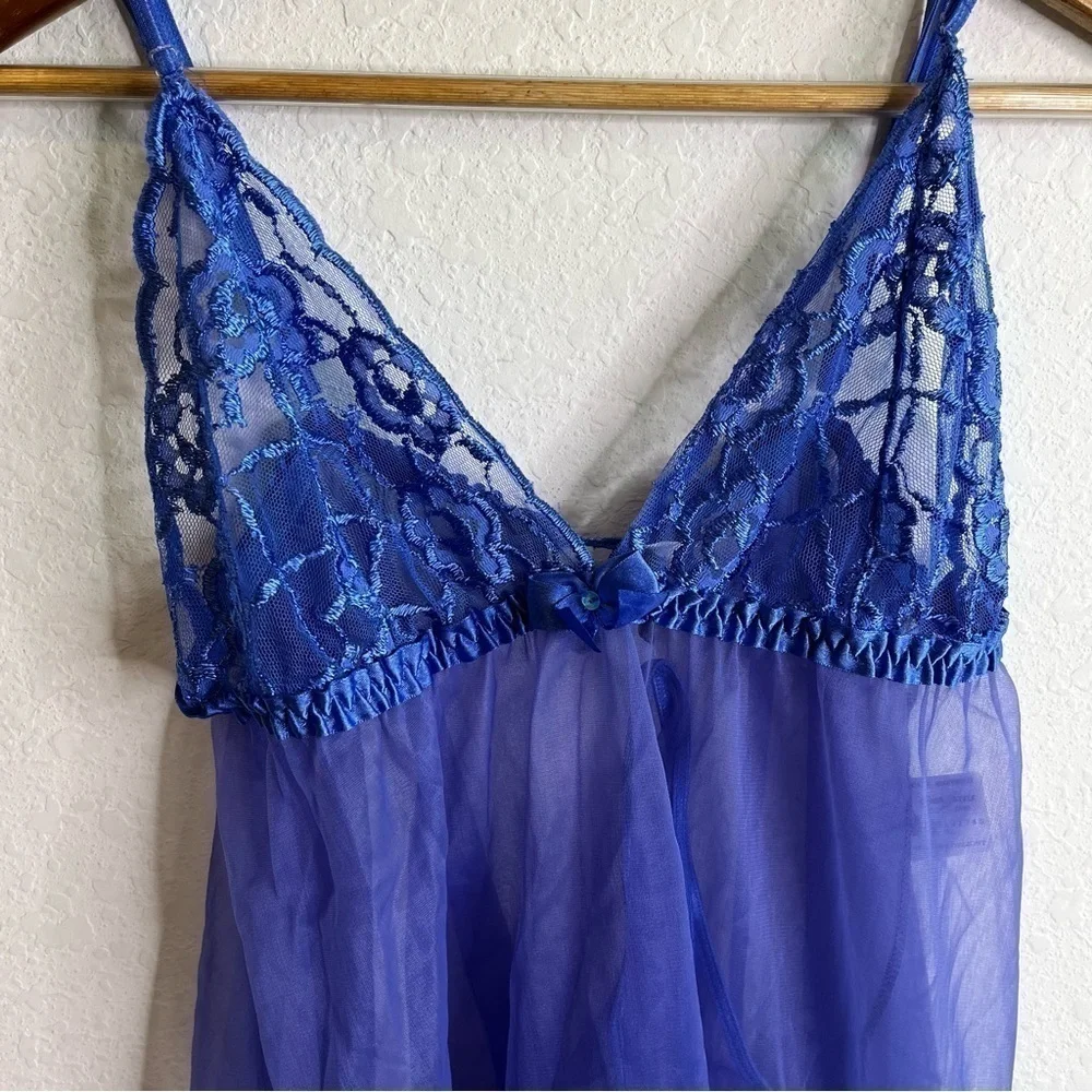 Fredericks of Hollywood Babydoll Thong Set Lace Nylon Blueberry Delight NWT